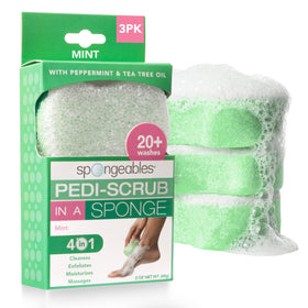 Spongeables pedi scrub front packaging showing three peppermint sponges and benefits