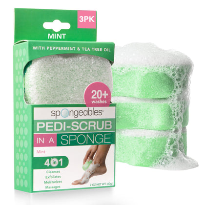 Spongeables pedi scrub front packaging showing three peppermint sponges and benefits
