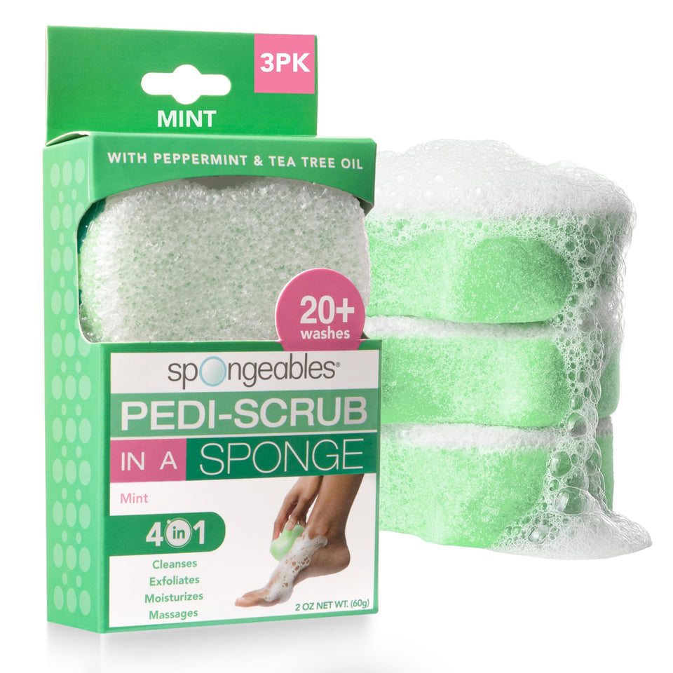 Spongeables pedi scrub front packaging showing three peppermint sponges and benefits