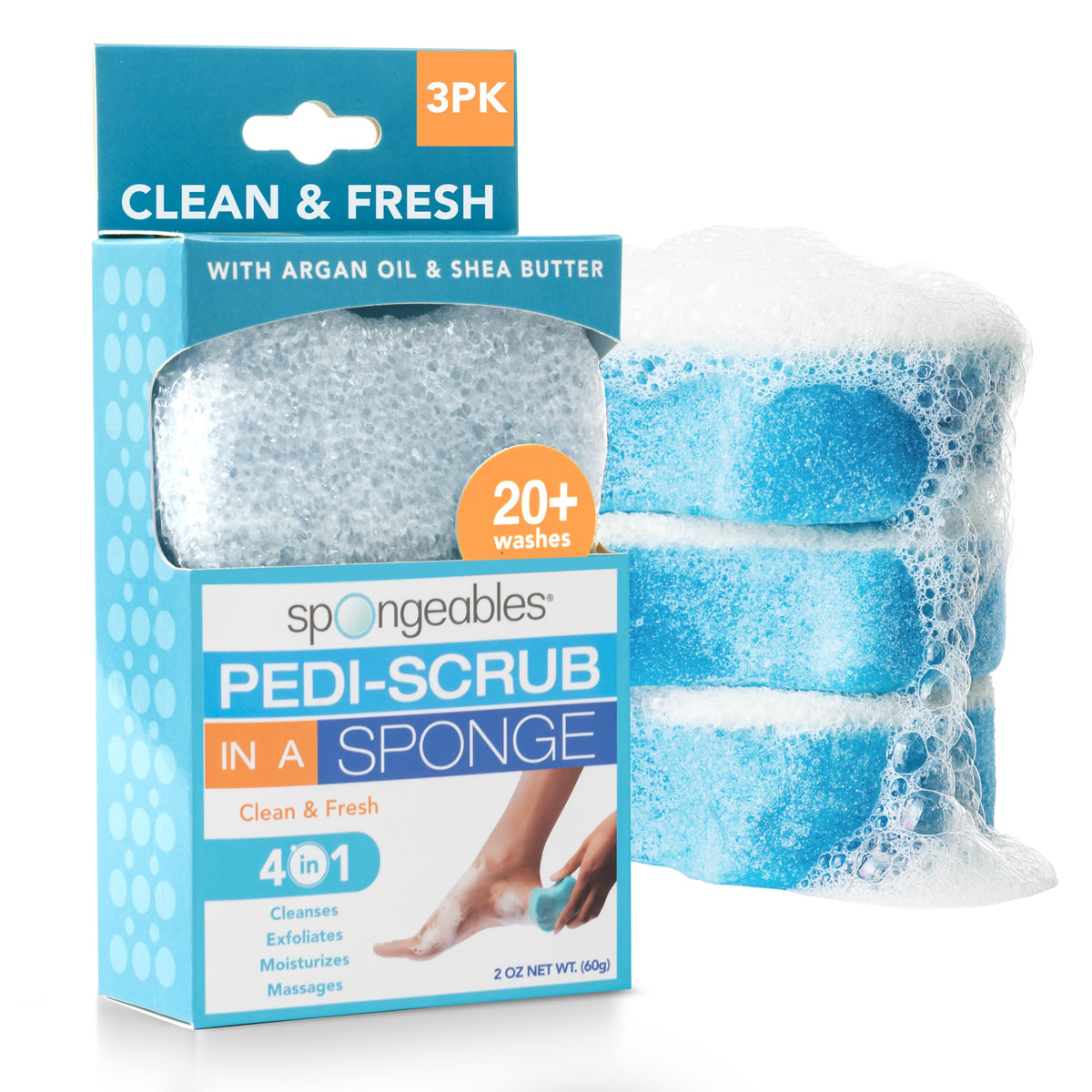 Spongeables front packaging showing three Clean & Fresh sponges for easy pedicures
