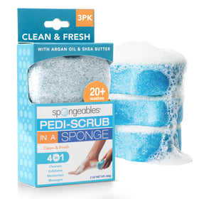 Spongeables front packaging showing three Clean & Fresh sponges for easy pedicures
