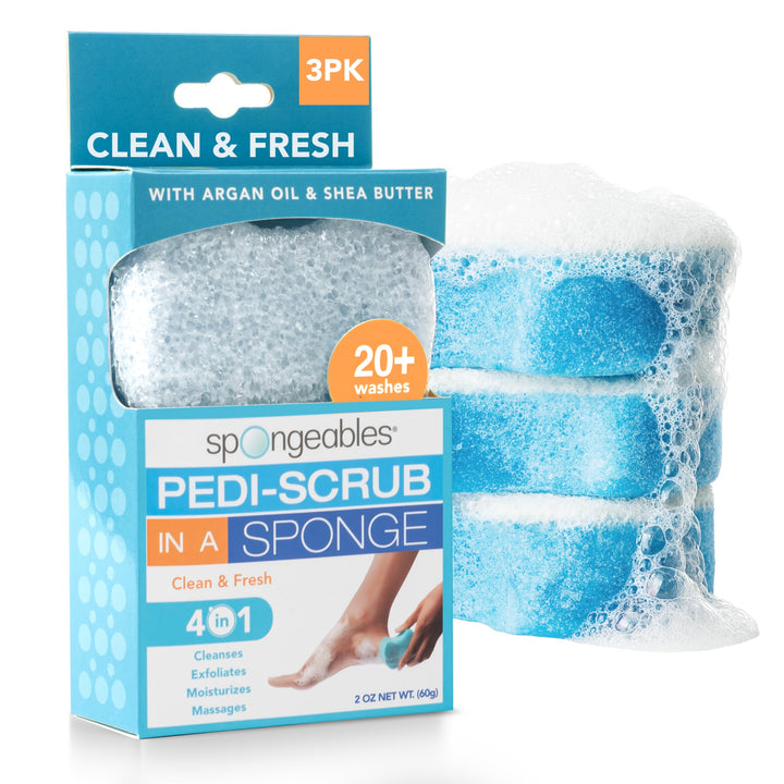 Spongeables front packaging showing three Clean & Fresh sponges for easy pedicures