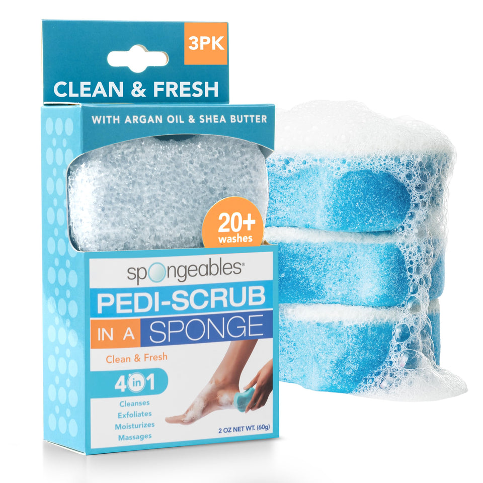 Spongeables front packaging showing three Clean & Fresh sponges for easy pedicures