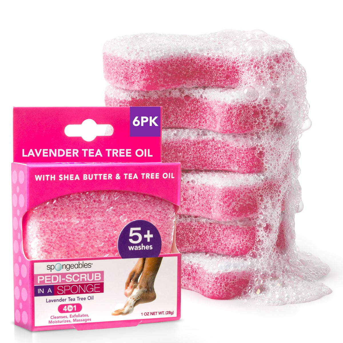 Spongeables front packaging showing six lavender pedicure sponges and travel convenience