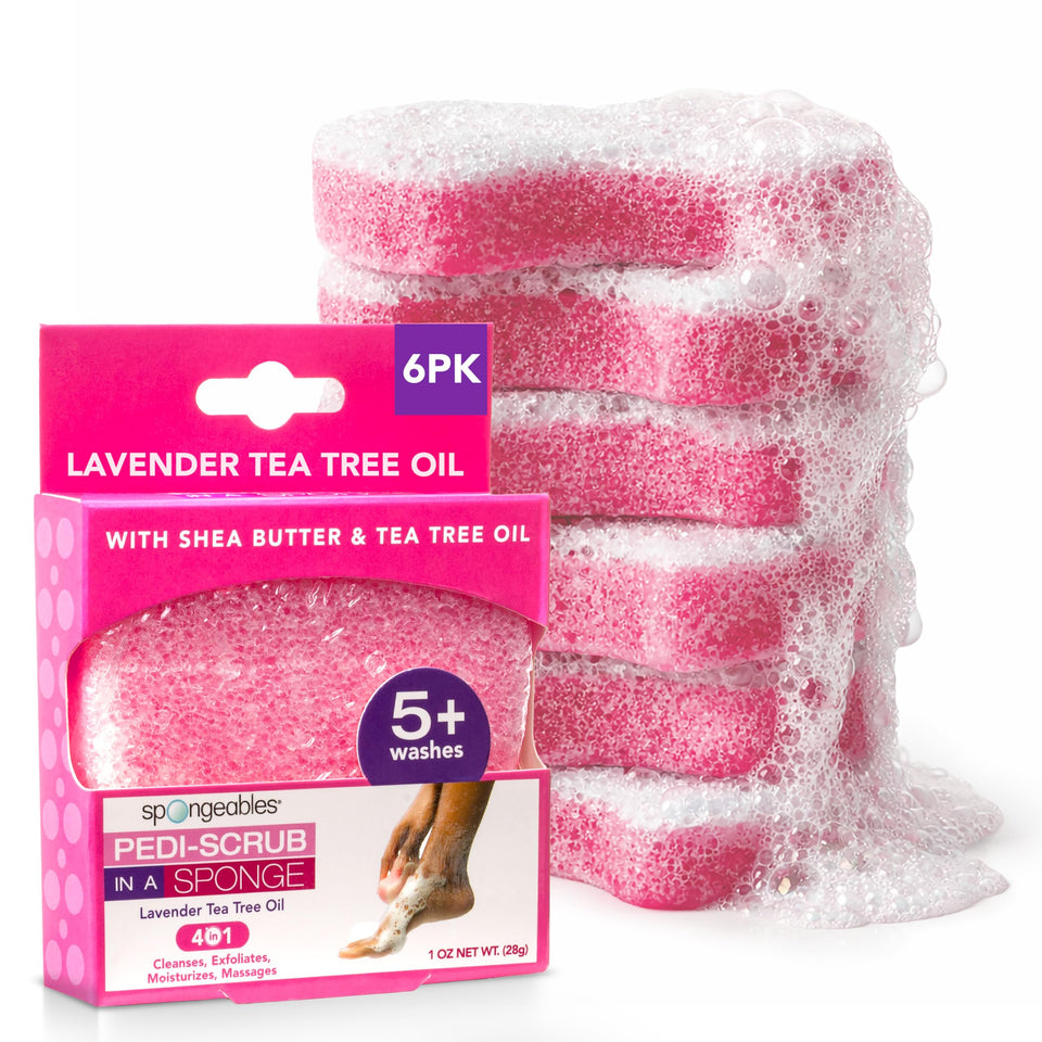 Spongeables front packaging showing six lavender pedicure sponges and travel convenience