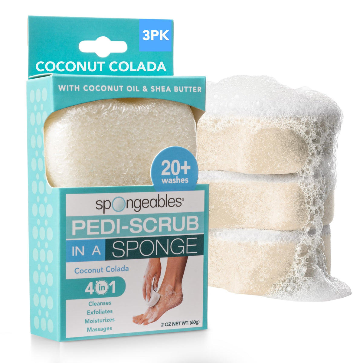 Spongeables front packaging showing three coconut colada foot sponges for convenience