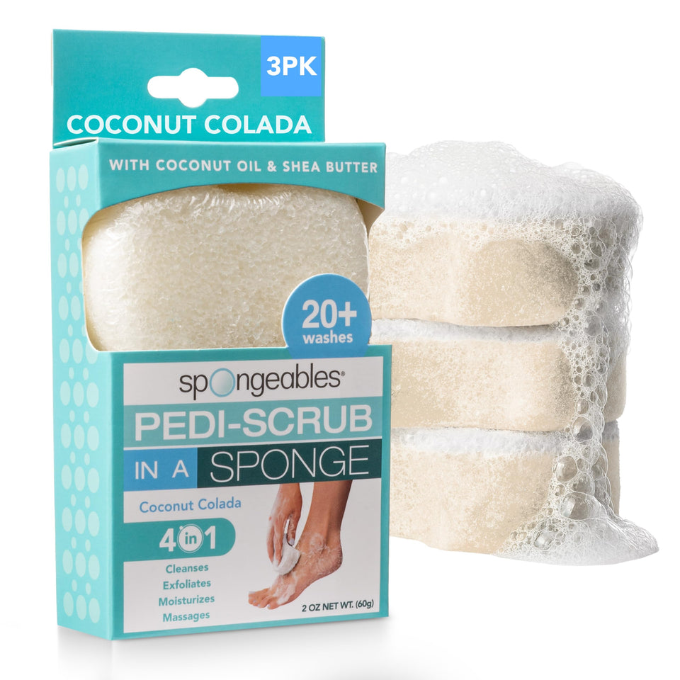 Spongeables front packaging showing three coconut colada foot sponges for convenience