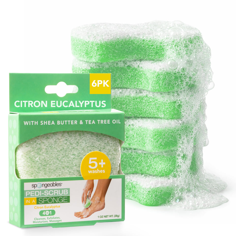 Spongeables front packaging showing six citron eucalyptus foot sponges and benefits