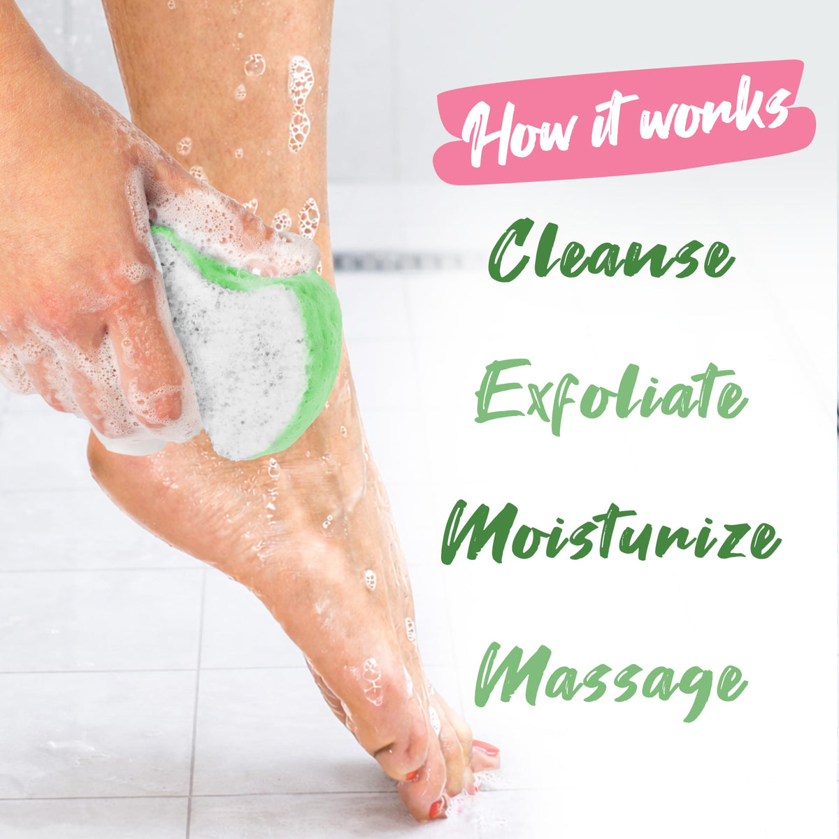 Spongeables pedi scrub used on a heel demonstrating gentle exfoliation and smoothing