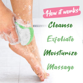 Spongeables pedi scrub used on a heel demonstrating gentle exfoliation and smoothing