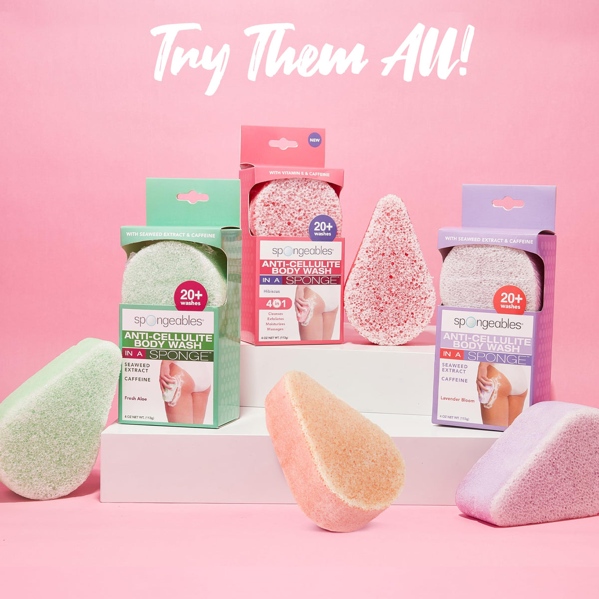 Spongeables pedi scrub arranged in a bathroom for a spa-like at-home foot routine