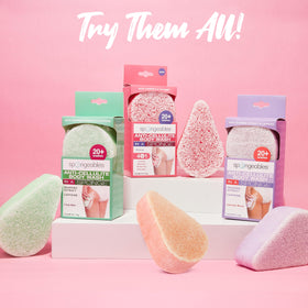 Spongeables pedi scrub arranged in a bathroom for a spa-like at-home foot routine