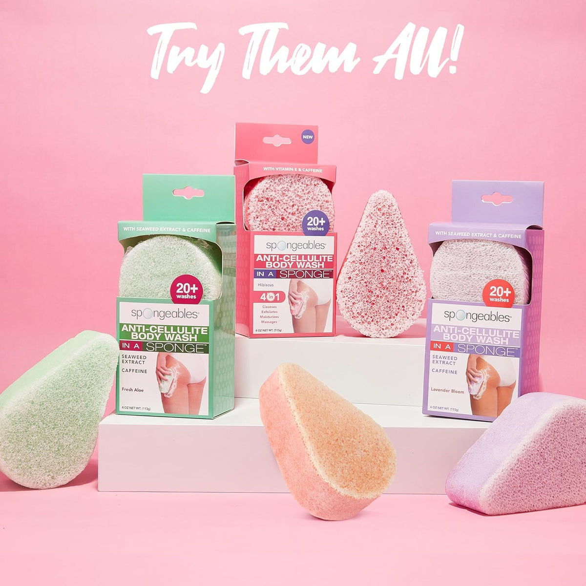 Spongeables sponges on a bathroom shelf suggesting at-home spa convenience