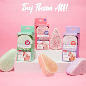 Spongeables sponges on a bathroom shelf suggesting at-home spa convenience