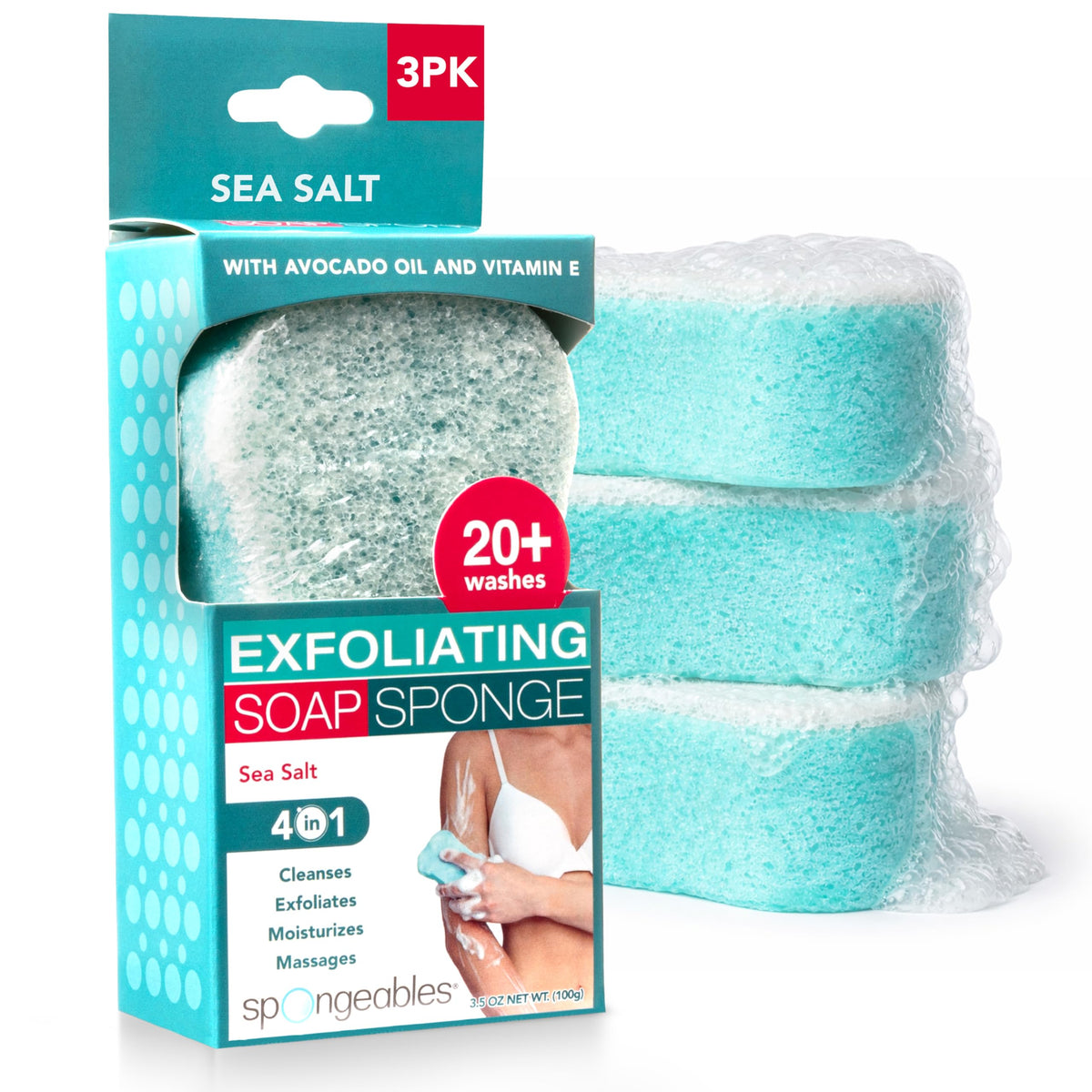 Spongeables front packaging showing three sea salt sponges and convenience