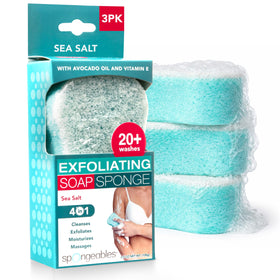 Spongeables front packaging showing three sea salt sponges and convenience