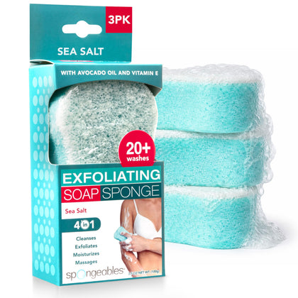 Spongeables front packaging showing three sea salt sponges and convenience