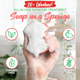 Spongeables watermelon foam in hand demonstrating easy soap release and lather