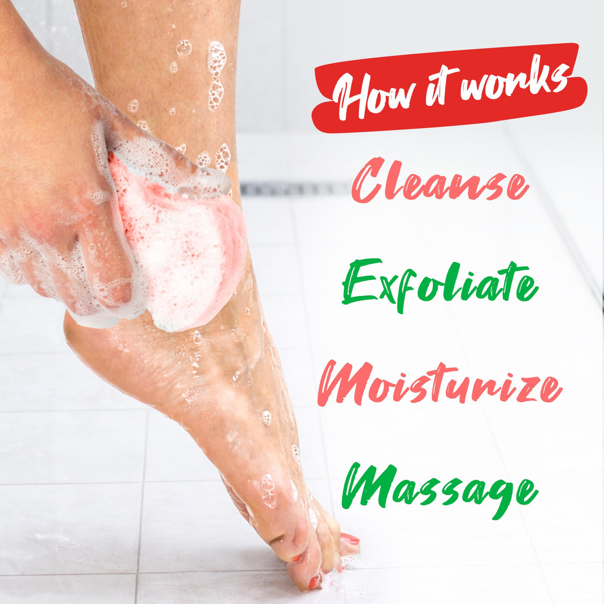 Spongeables watermelon in shower lifestyle scene showing convenient at-home pedicure