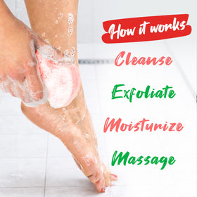 Spongeables watermelon in shower lifestyle scene showing convenient at-home pedicure
