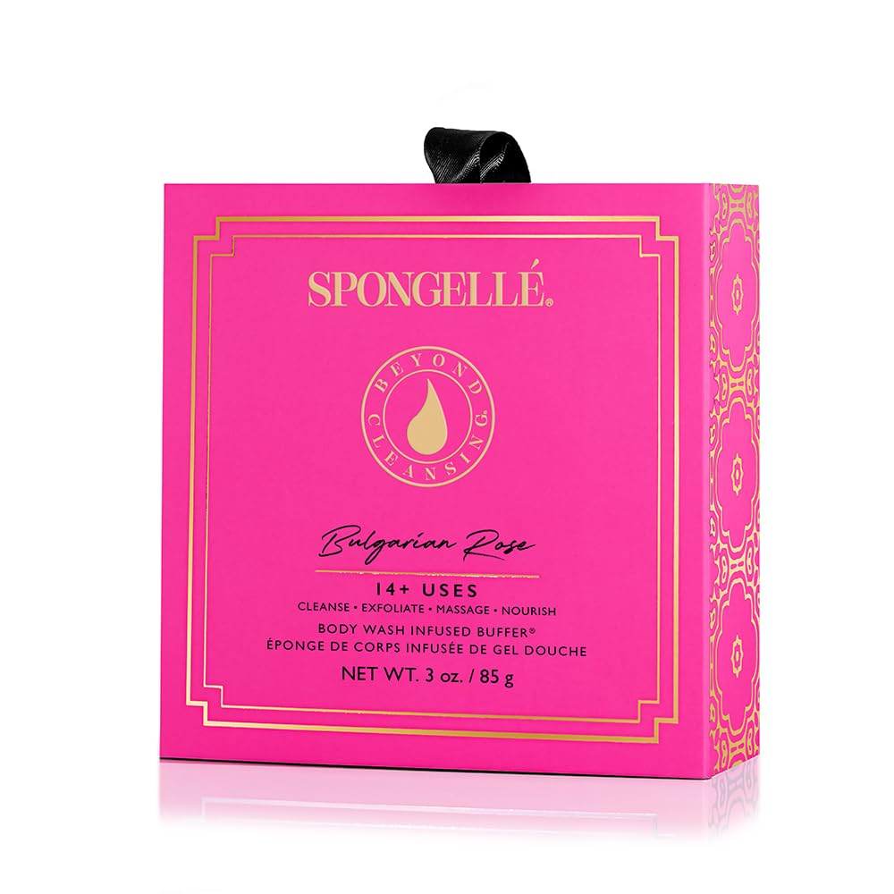 SPONGELLÉ rose buffer creating creamy lather in shower for cleansing and fragrance