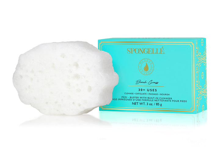 SPONGELLÉ front packaging showing beach grass pedi buffer and benefits