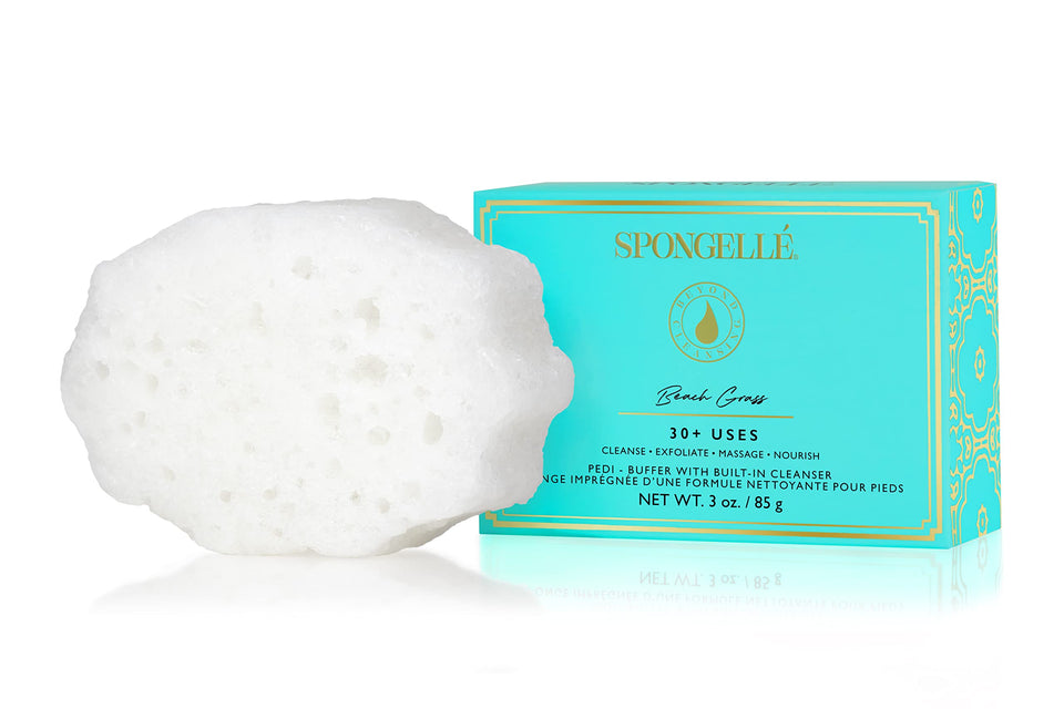 SPONGELLÉ front packaging showing beach grass pedi buffer and benefits