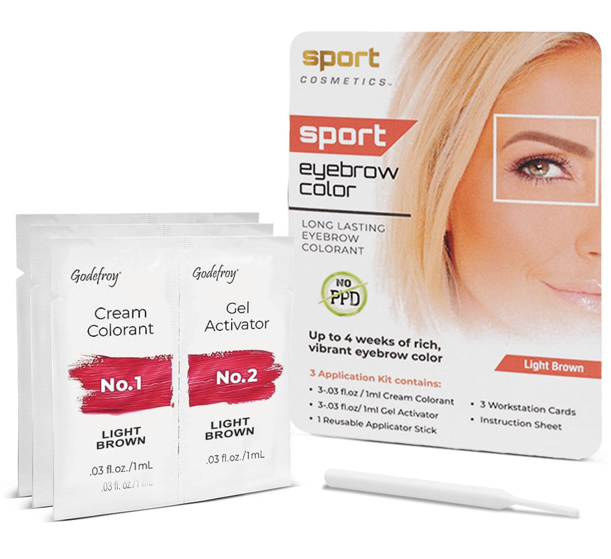 Sport Cosmetics front packaging showing light brown eyebrow kit and branding benefit clarity