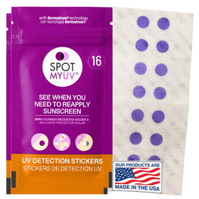 SpotMyUV front packaging showing 32-count stickers and key benefits
