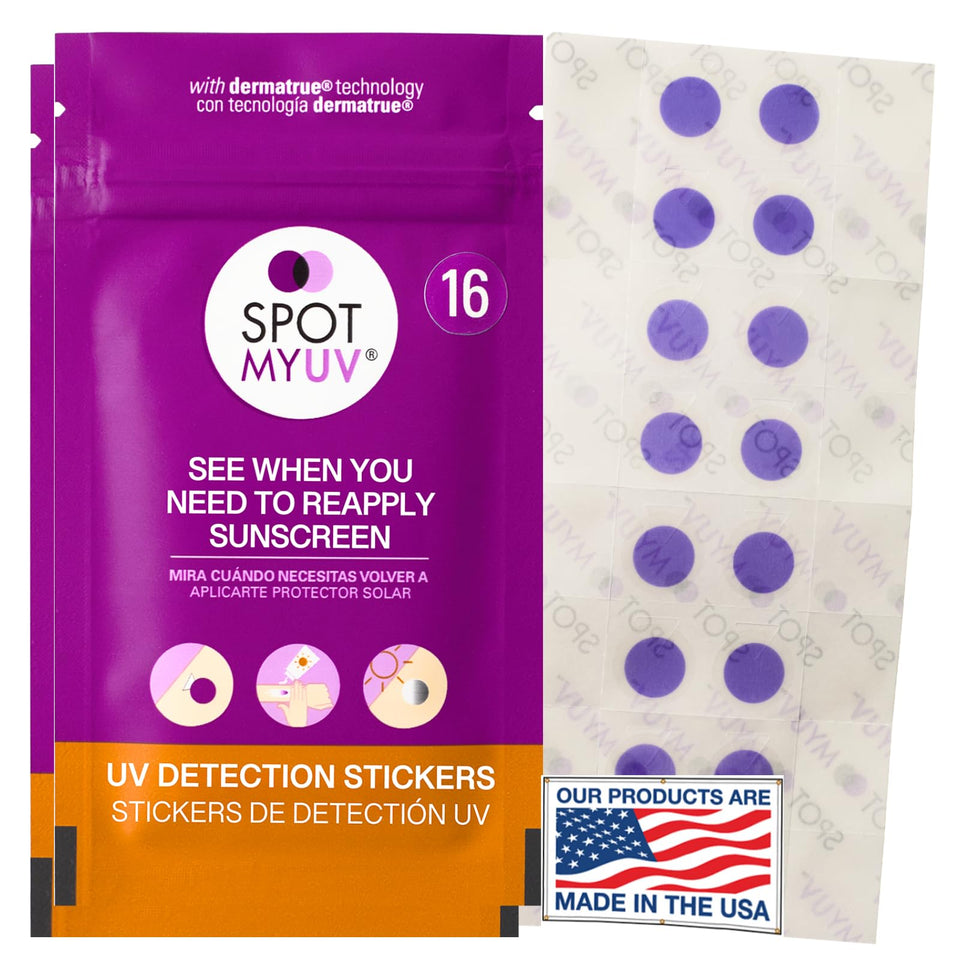 SpotMyUV front packaging showing 32-count stickers and key benefits