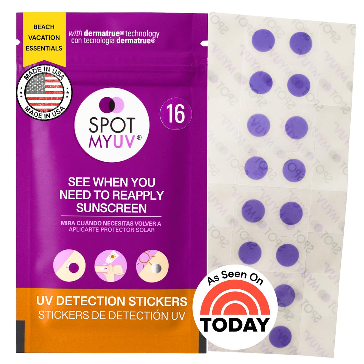 SPOTMYUV front packaging showing 16-count kit and branding benefit: simple protection tracking