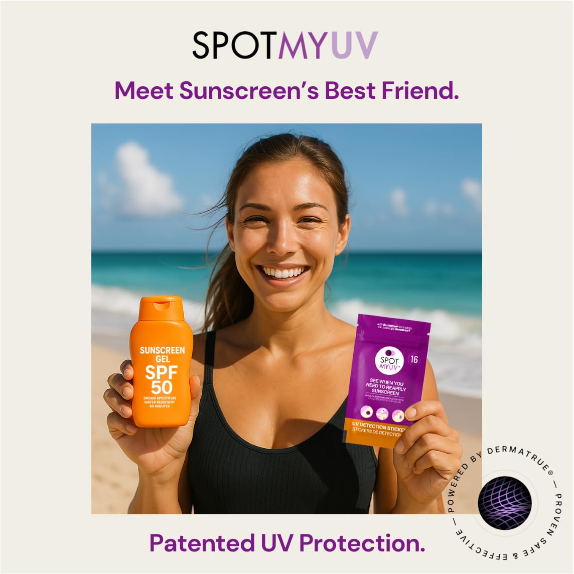 Close-up of SpotMyUV sticker texture and Dermatrue sensing layer benefit