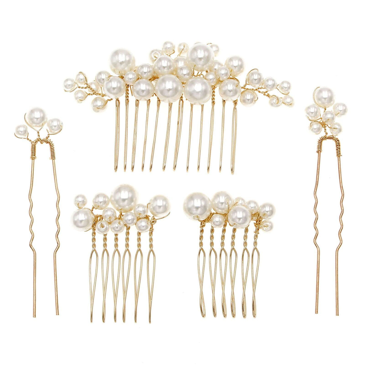 Sppry front view of gold pearl combs showing elegant detail and polish