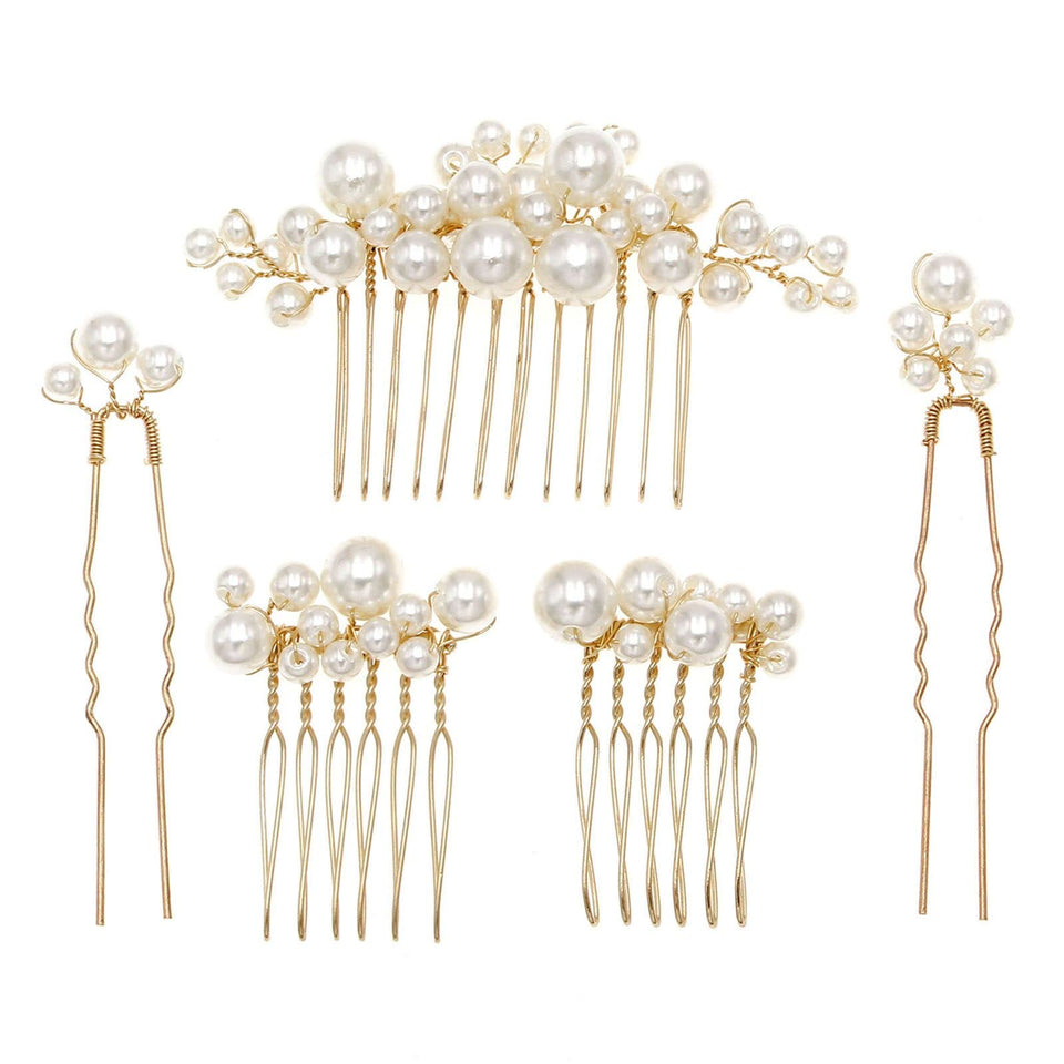 Sppry front view of gold pearl combs showing elegant detail and polish