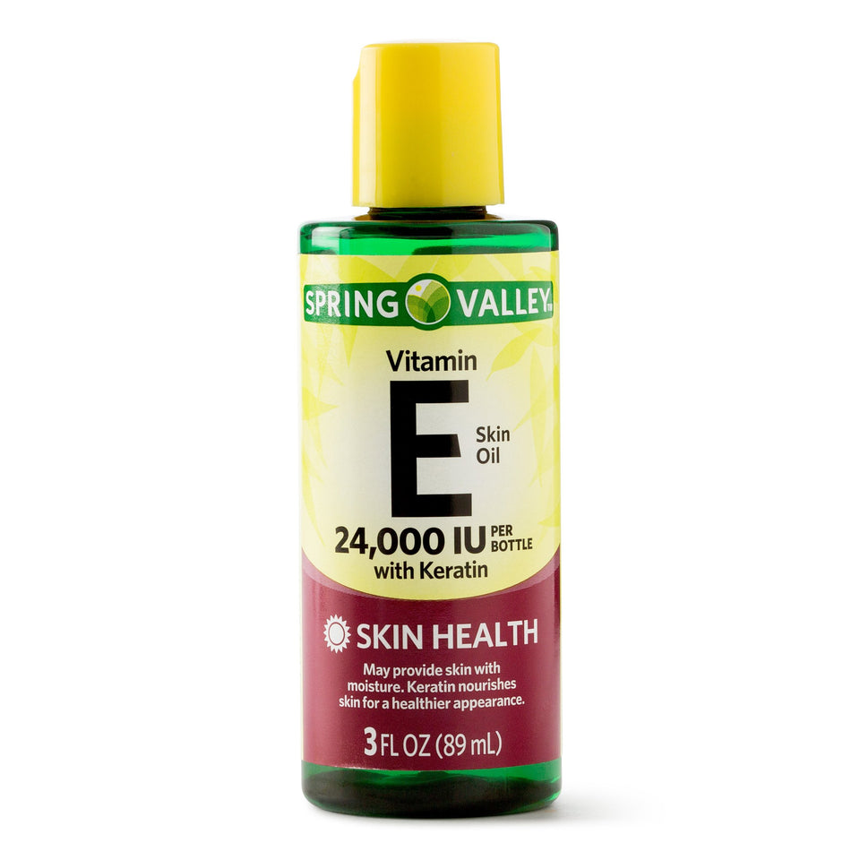 Spring Valley bottle front view showing label and concentrated vitamin E benefits