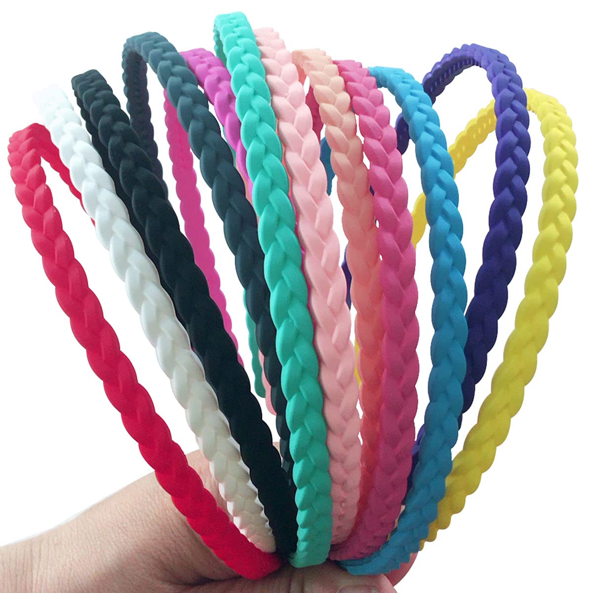 Springtime front view of 12 colorful headbands showing variety and convenience