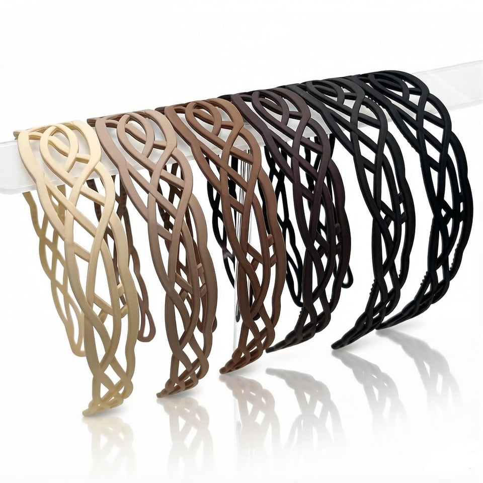 Springtime front view of six lattice headbands shows neat neutral set and modern look