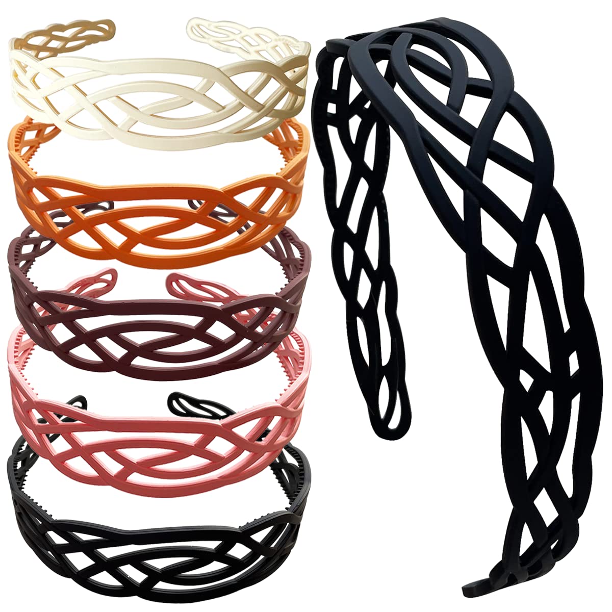 Springtime front view of six wide headbands showing color variety and neat finish