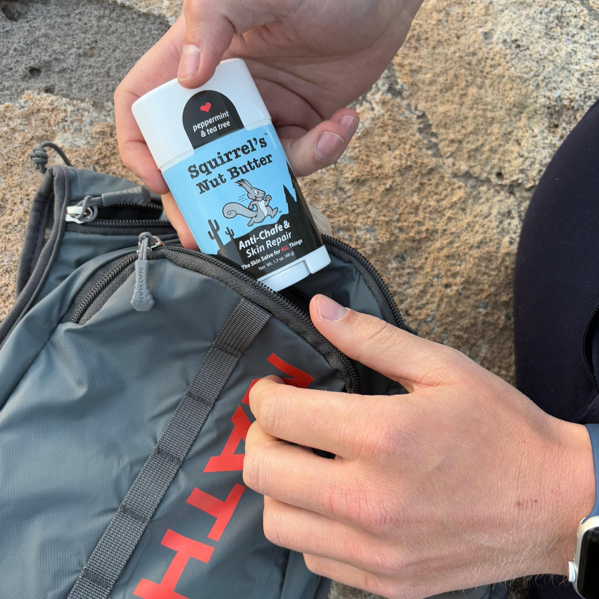 Squirrel's Nut Butter applied to runner's inner thigh preventing chafe for comfortable movement