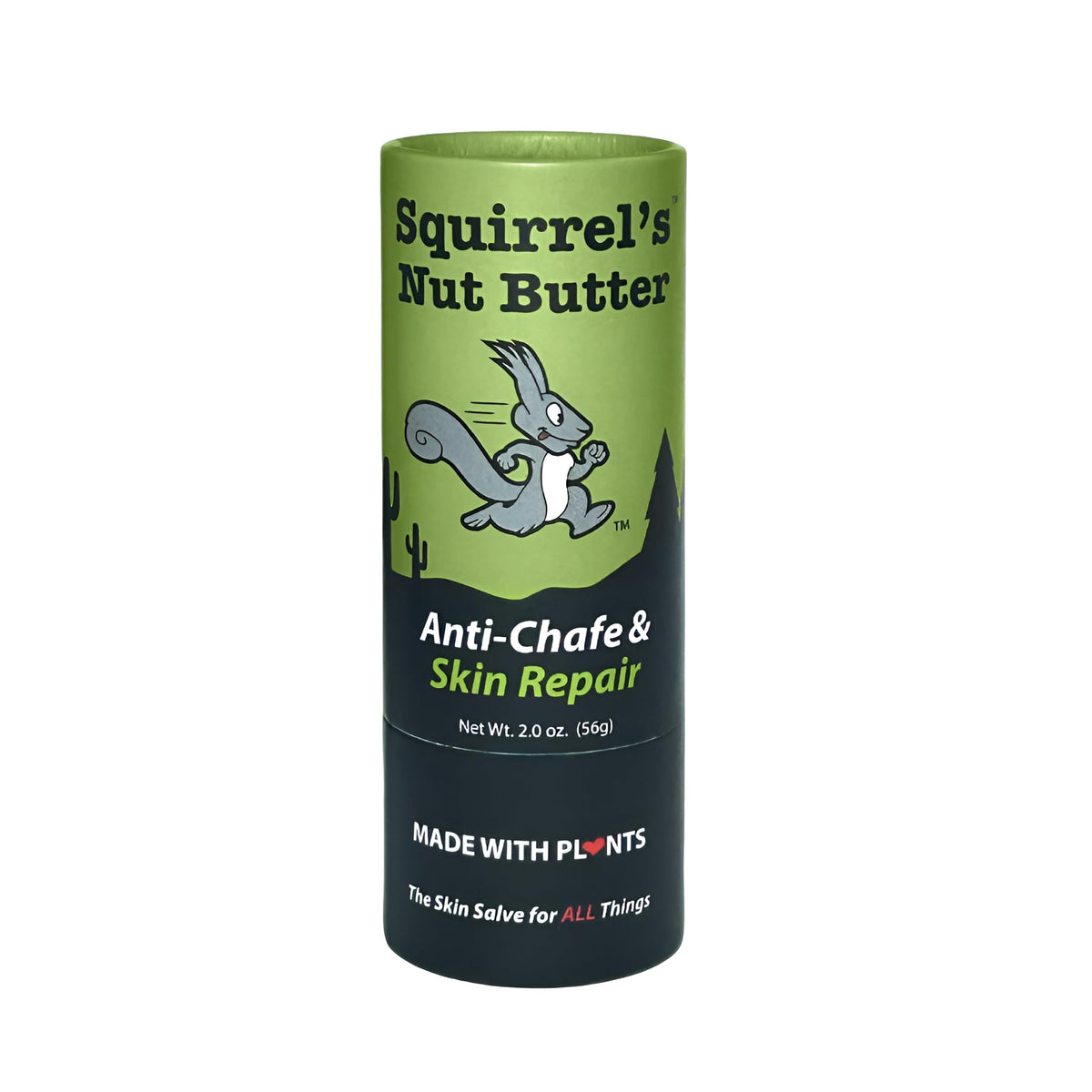 Squirrel's Nut Butter front compostable tube showing eco-friendly packaging and clear label benefit