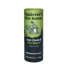 Squirrel's Nut Butter front compostable tube showing eco-friendly packaging and clear label benefit