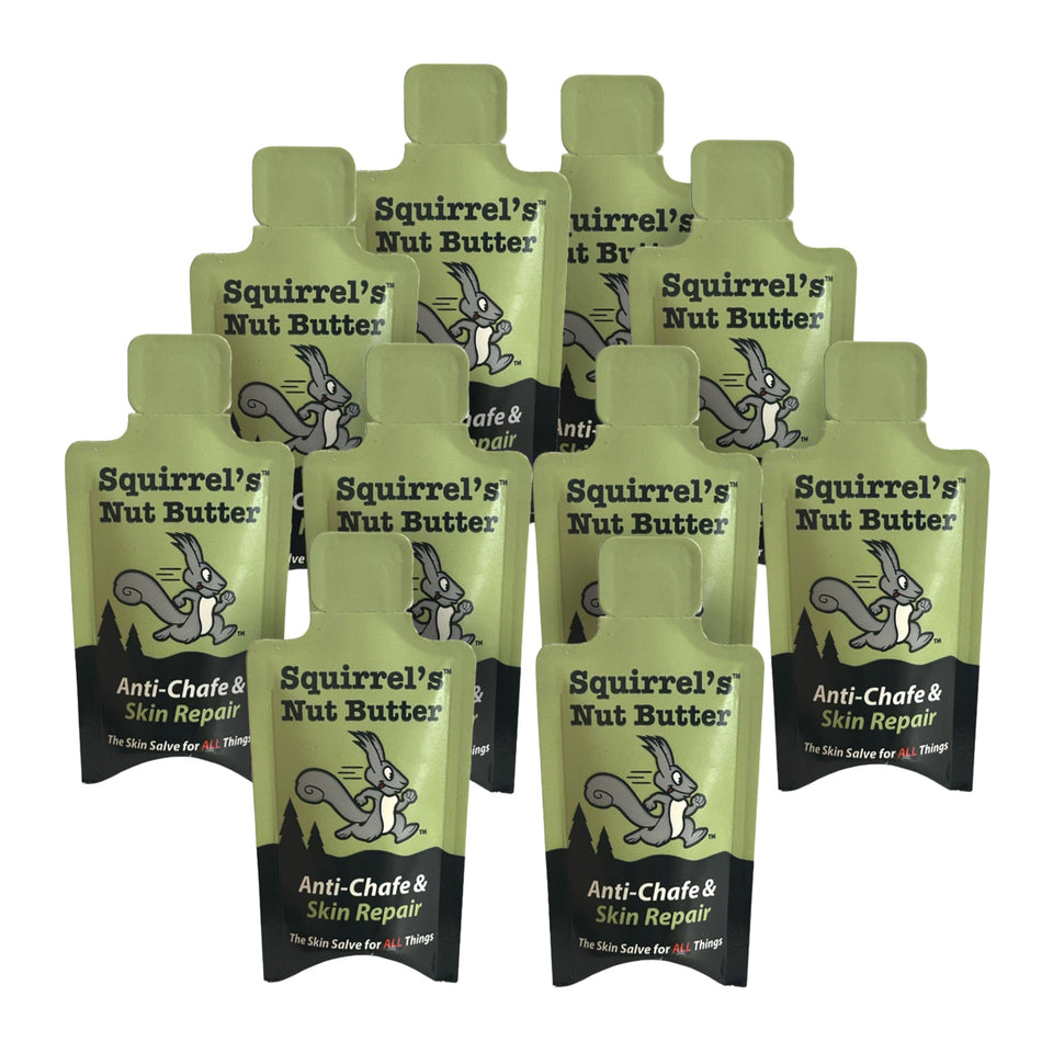 Squirrel's Nut Butter front packet showing 9ml single-use convenience and easy tear