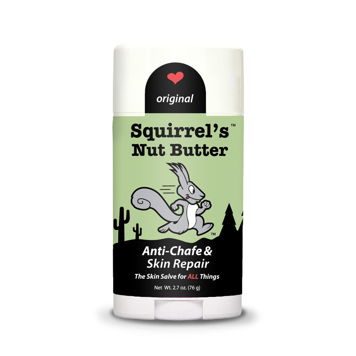 Squirrel's Nut Butter front stick tube showing product branding and portability benefit