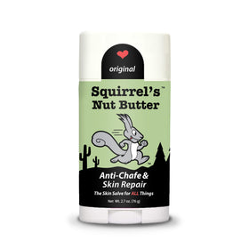 Squirrel's Nut Butter front stick tube showing product branding and portability benefit