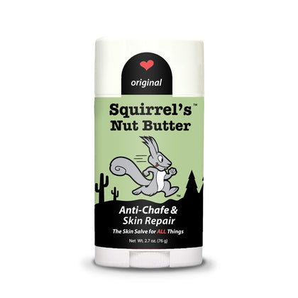 Squirrel's Nut Butter front stick tube showing product branding and portability benefit