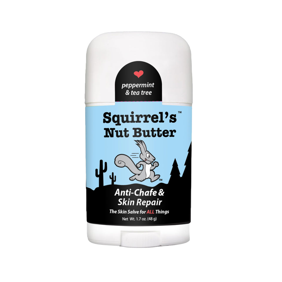 Squirrel's Nut Butter front view of anti-chafe stick showing compact design and easy application