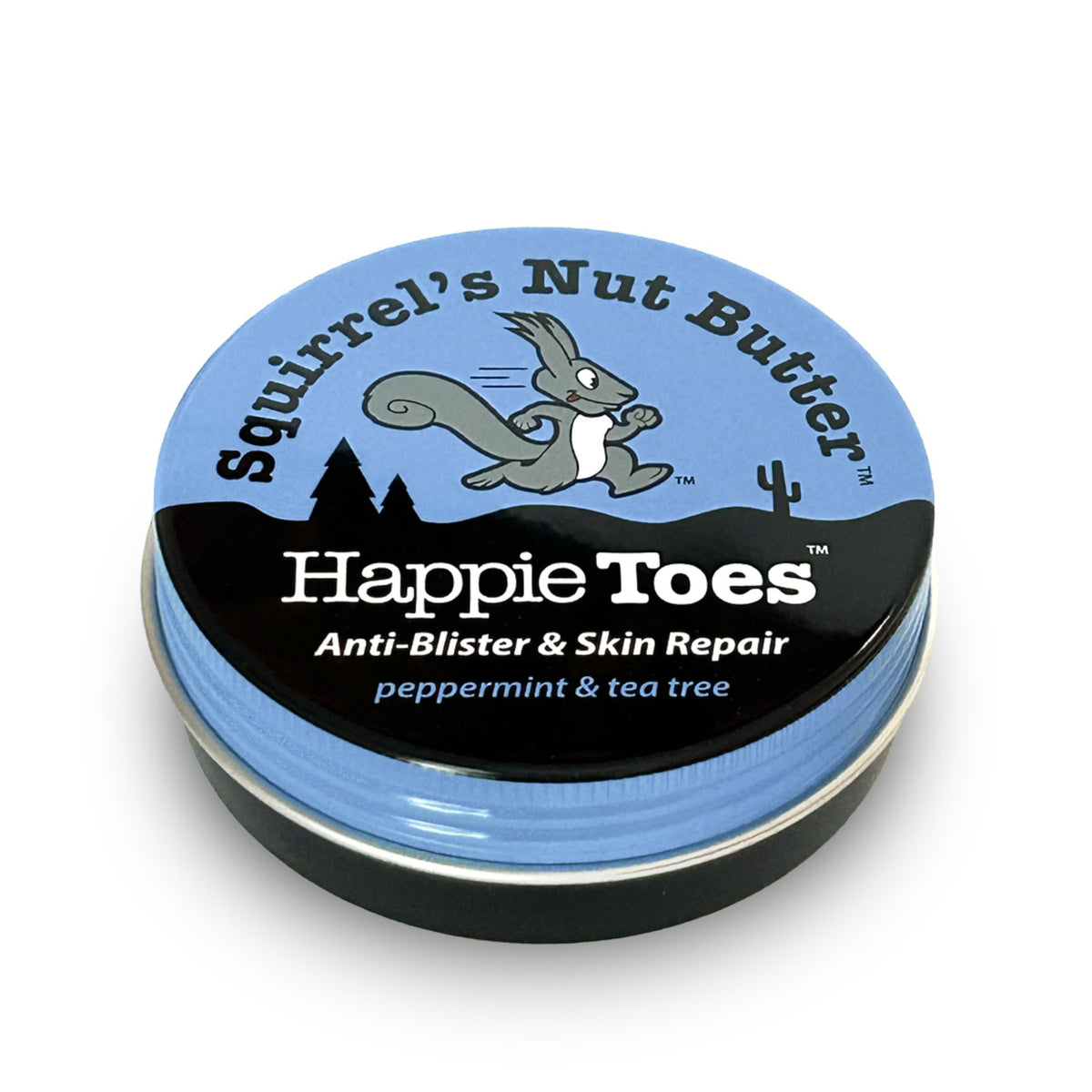 Squirrel's Nut Butter front tin showing label and portable size benefit