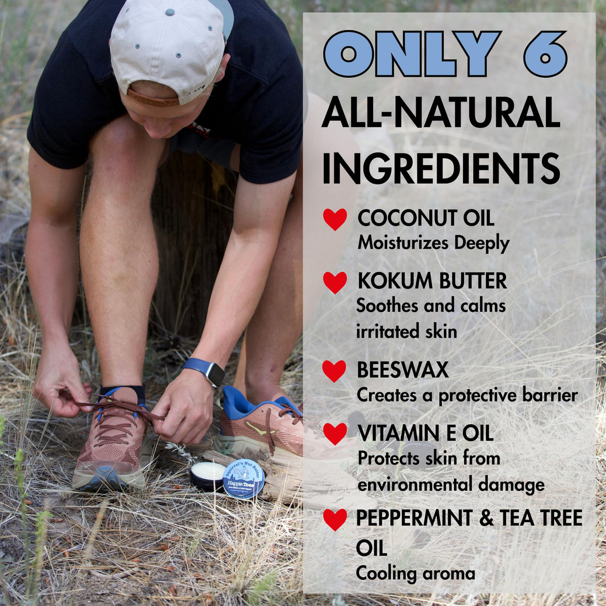 Squirrel's Nut Butter tin in hand to show compact 2.0 oz travel benefit