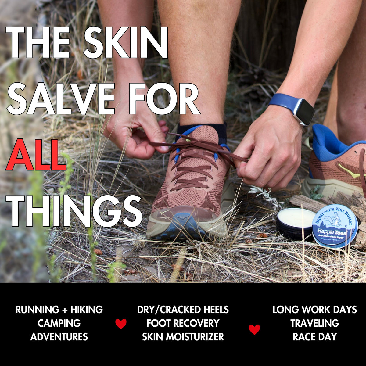 Squirrel's Nut Butter near hiking shoe showing blister prevention benefit