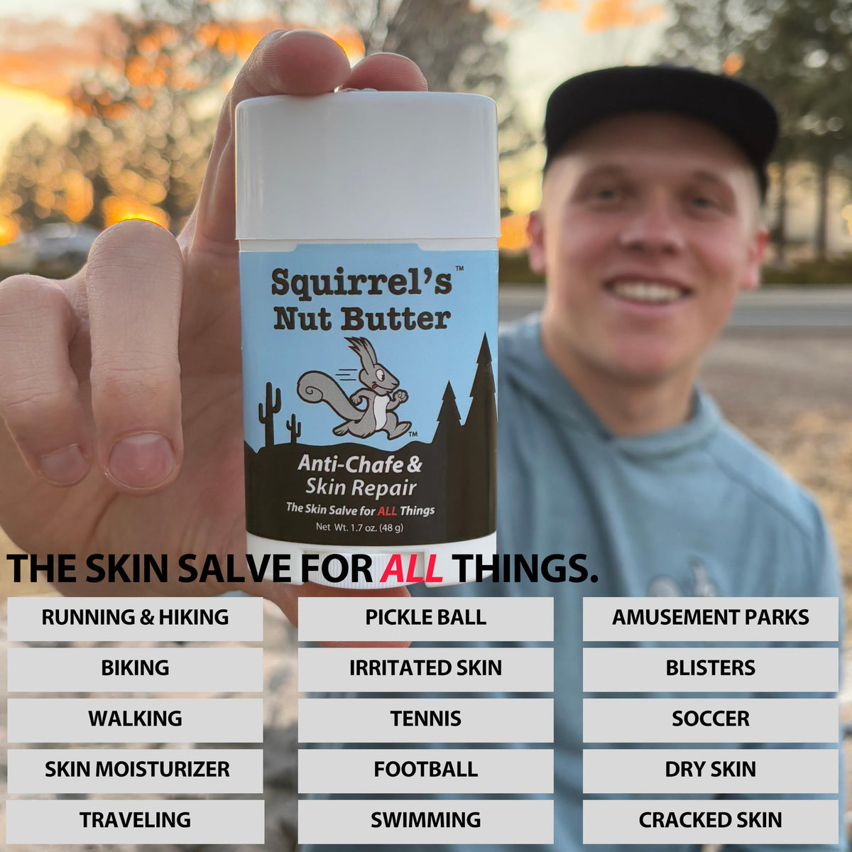 Squirrel's Nut Butter next to a smartphone showing the compact travel-friendly 1.7 oz size